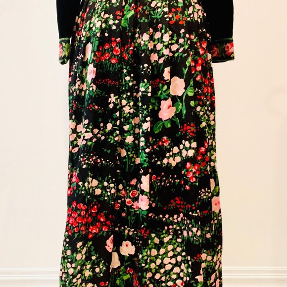70s RK ORIGINALS true vintage BLACK velvet floral MAXI DRESS belt MEDIUM roses - Picture 4 of 12